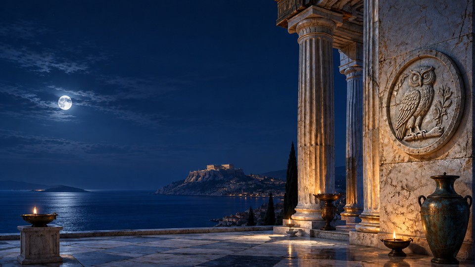 Η βελτιωμένη κουκουβάγια σε αρχαίο ναό στο σεληνόφωτο